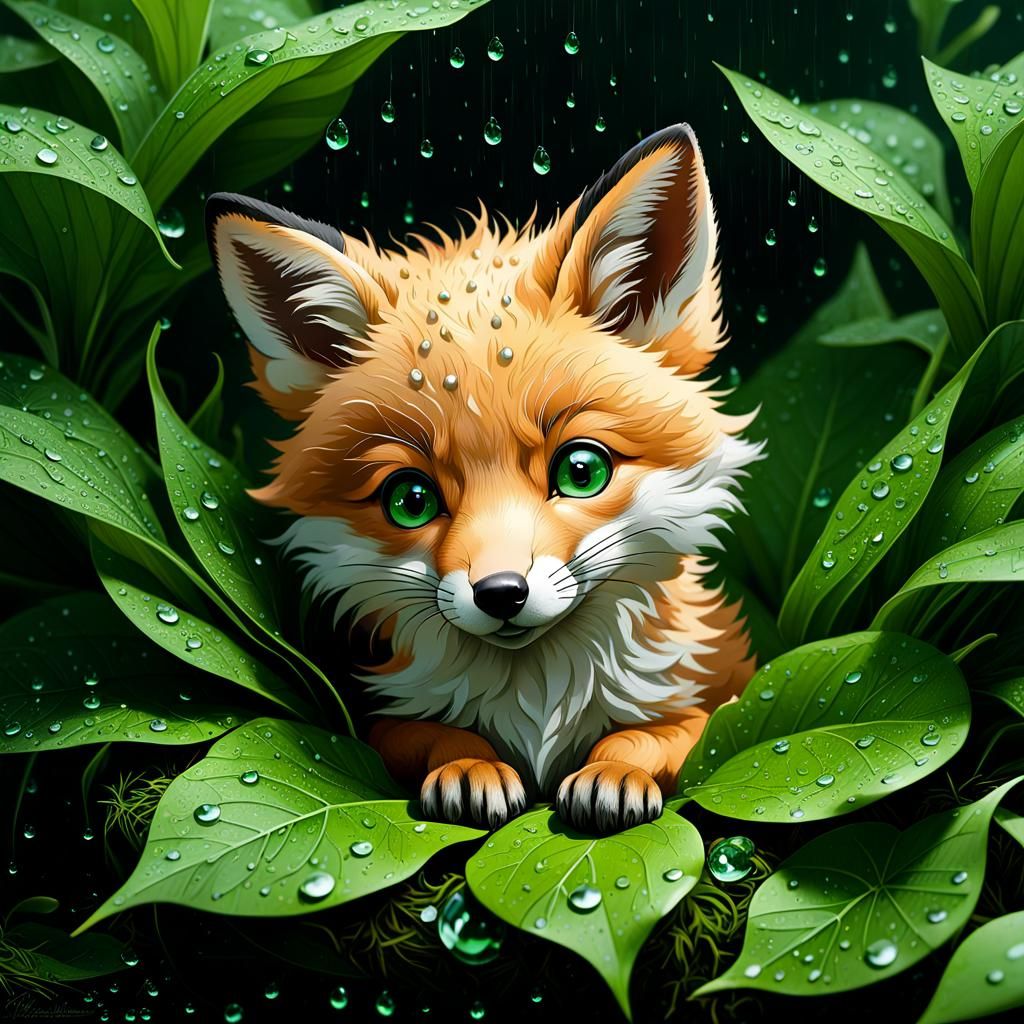 Adorable Fox Pup in Leaf: Photorealistic Chiaroscuro