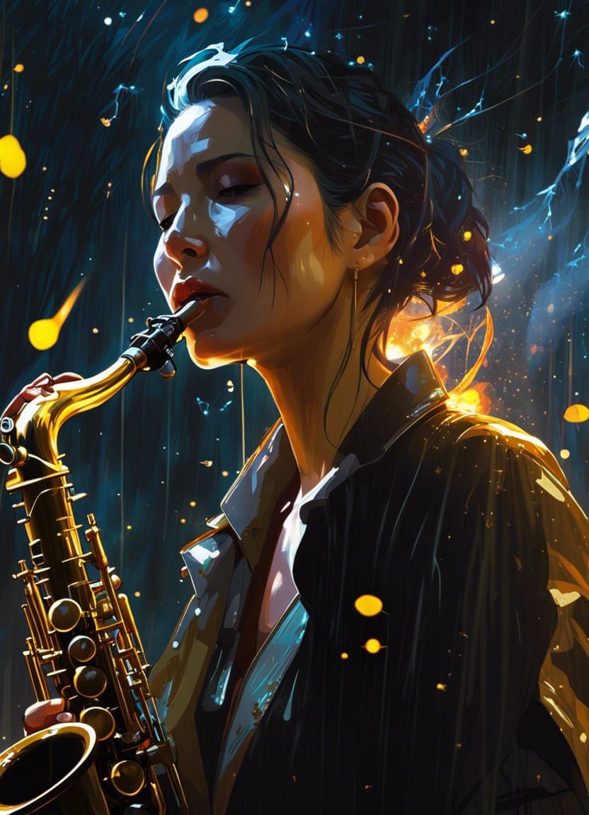 Saxophone Player in Rainy Night, Digital Art