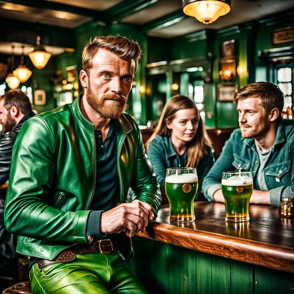 Handsome Irish Man in Green Leather at Pub