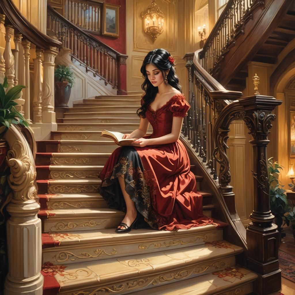 Victorian Girl Reading in Ethereal Fantasy Hall