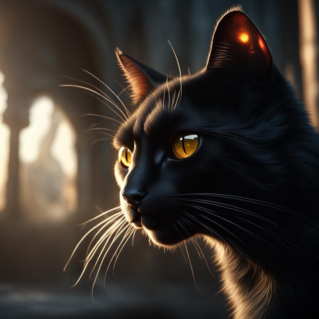 Black Cat Face in Sunlight: Detailed Matte Painting