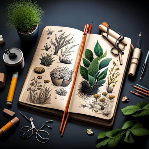 Botanical Journal with Intricate Plant Drawings