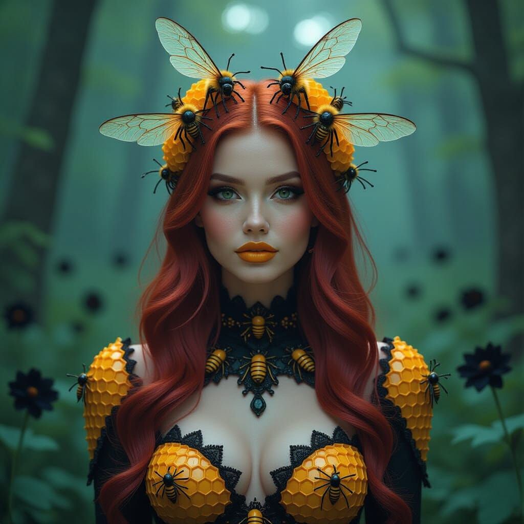 Goth Woman with Bee Crown in Dark Fantasy Forest