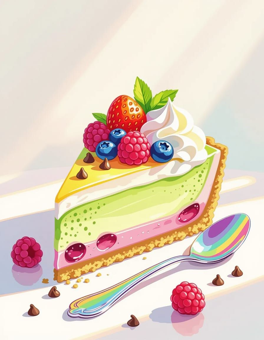 Rainbow Matcha Cheesecake Slice with Berries and Cream