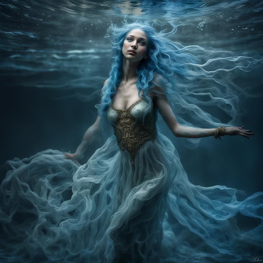 Ethereal Water Nymph in Dark Waters: Hyperrealistic Image