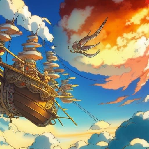 Ghibli Style Fantasy Pirate Ship in the Sky