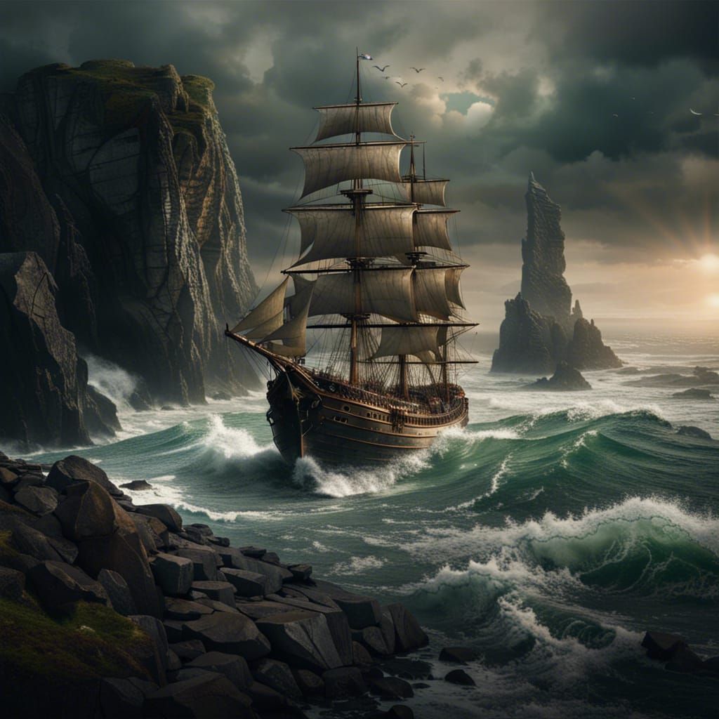 Ship Sails Rocky Irish Coast: Digital Matte Painting