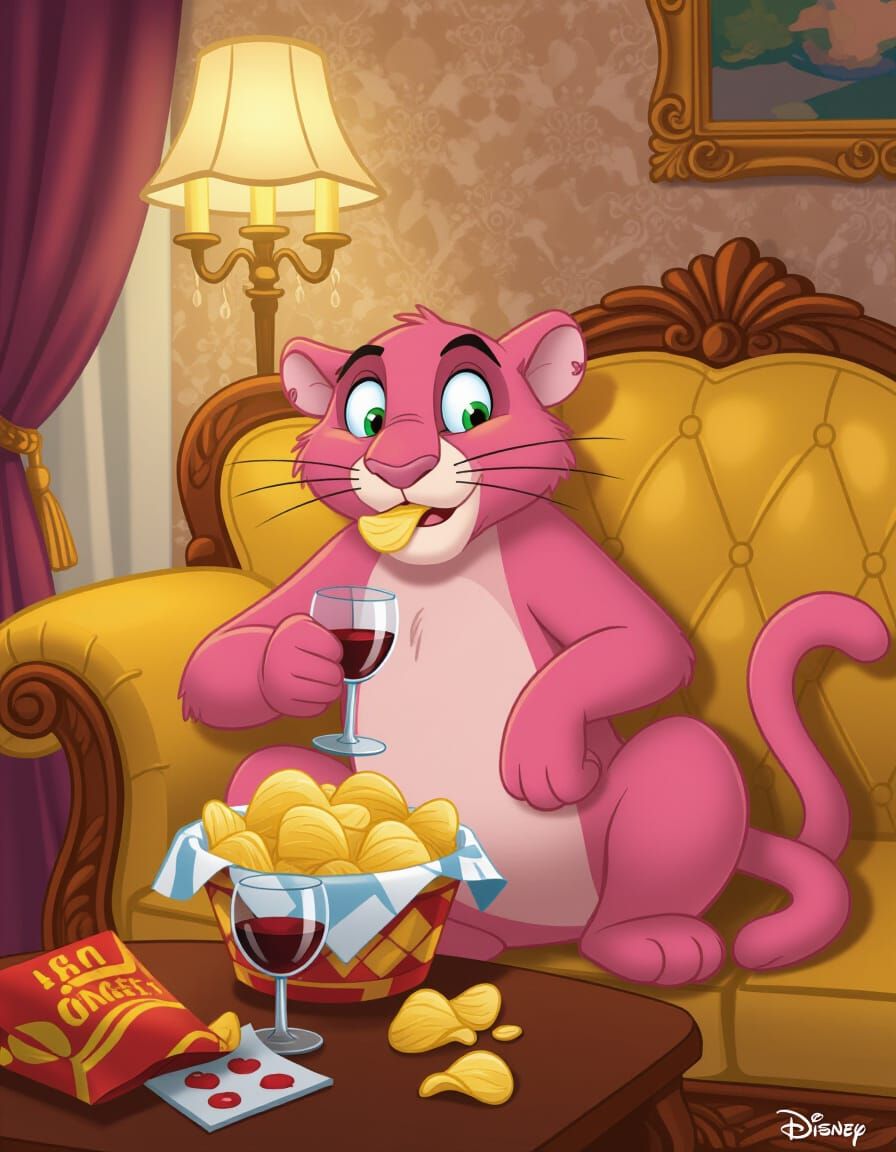 Pink Panther Lounges on Sofa With Chips and Wine
