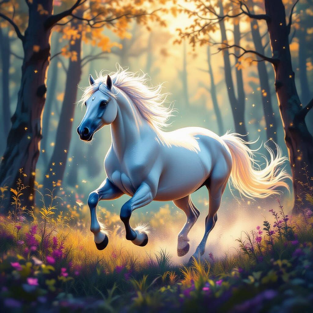 Ethereal Horse Spirit in Bioluminescent Forest: Oil Painting