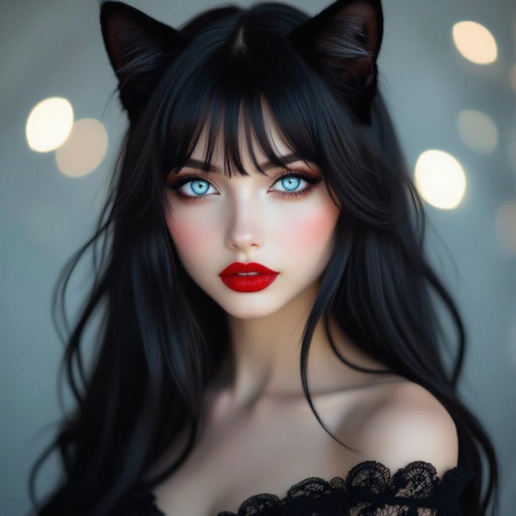 Neko Girl Portrait: Black Hair, Ice Blue Eyes, Dark Dress