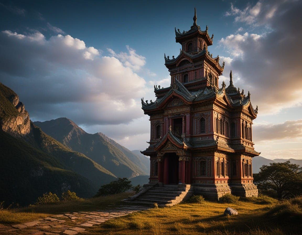 Mountain Temple with Ornate Details in Folk Art Style