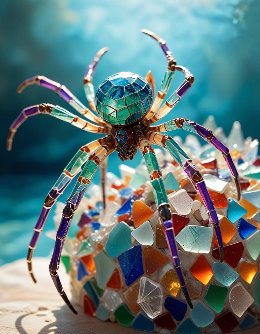 Seaglass Spider Sculpture Gleaming in Sunlight