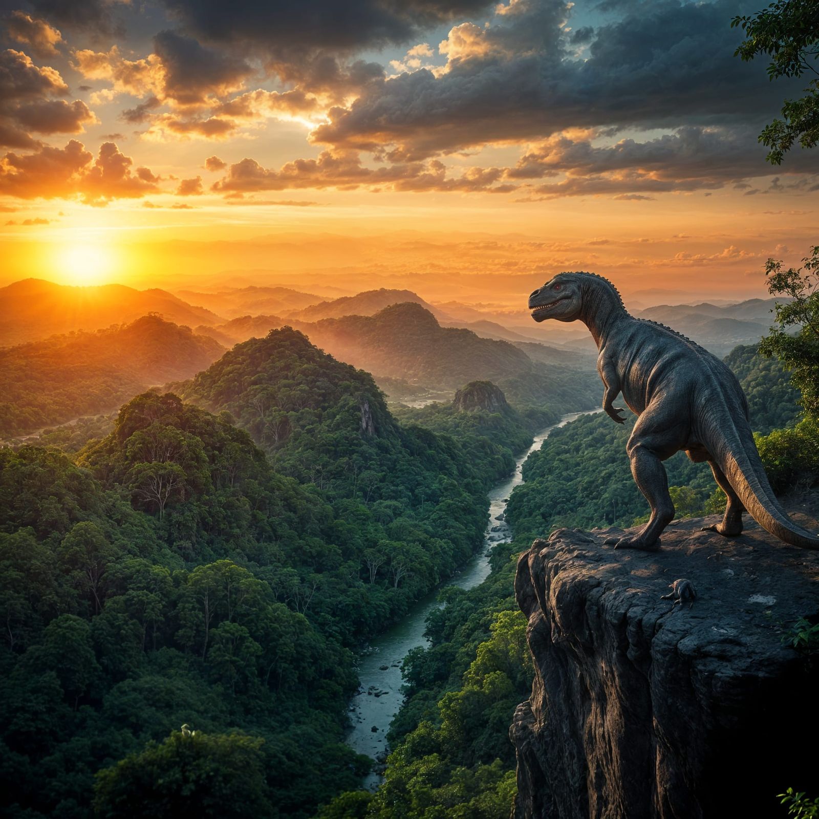 Hyperrealistic Dinosaur Cliffside Scene