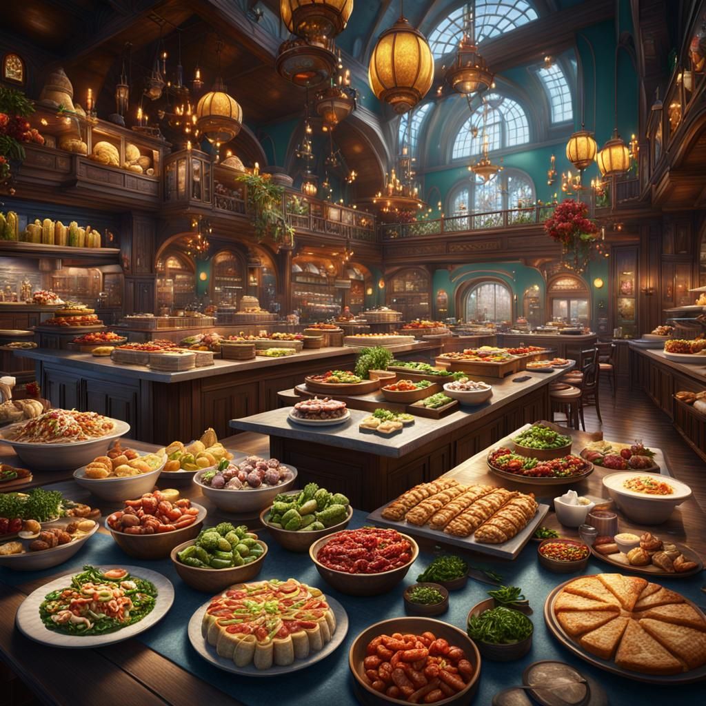 Food Buffet in Restaurant: Detailed Matte Painting