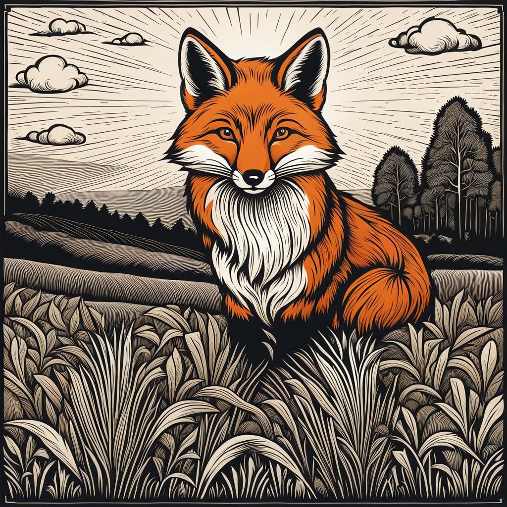 Fox in Stubble Field: Ornate Wood Engraving