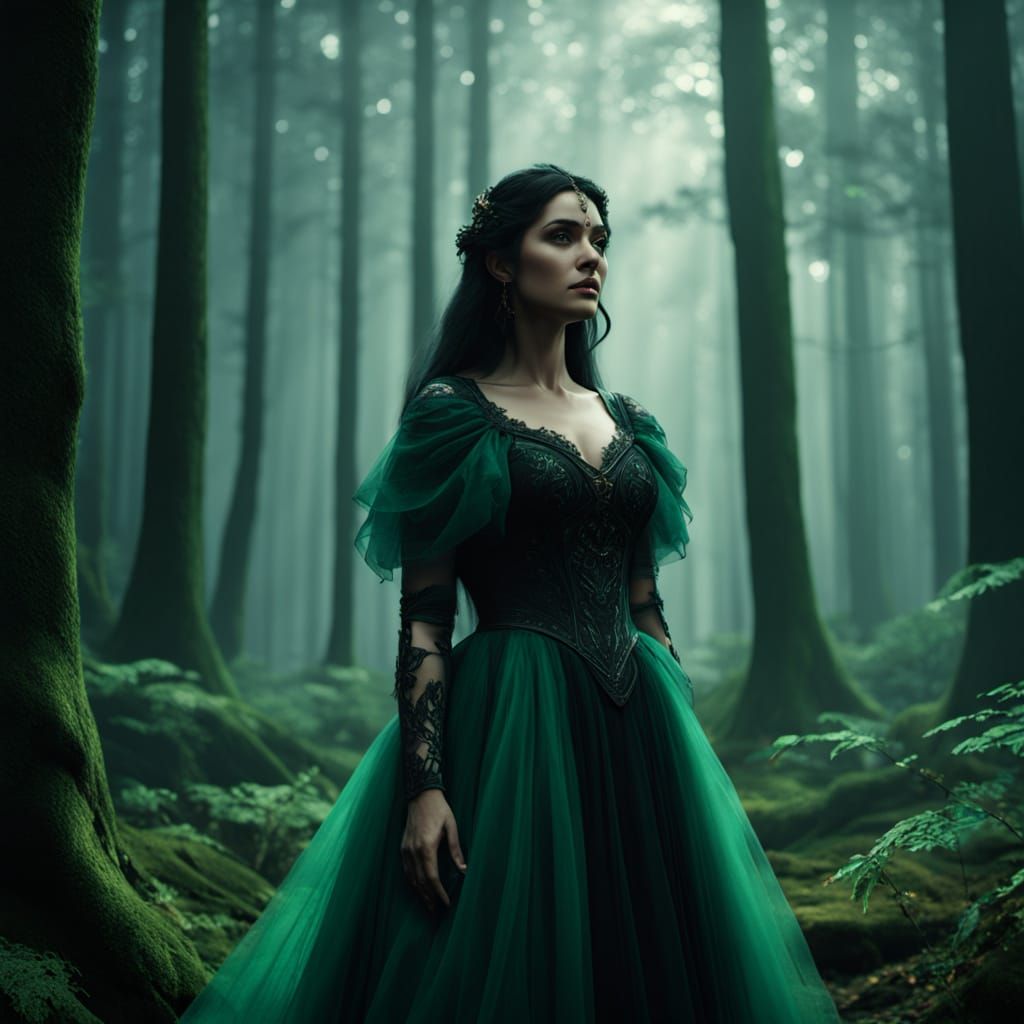 Ethereal Green Goddess in Mystical Forest