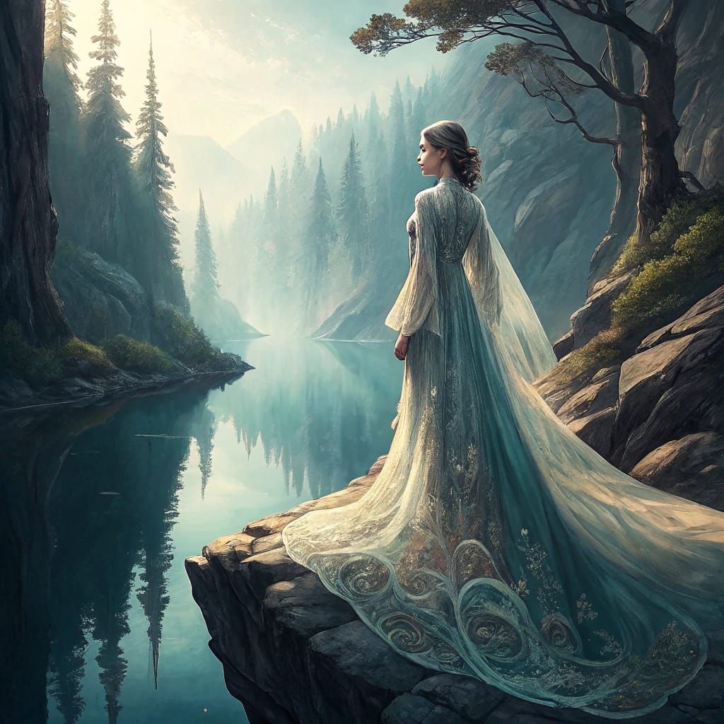 Woman in Mirrored Forest, Dreamlike Sci-Fi Art