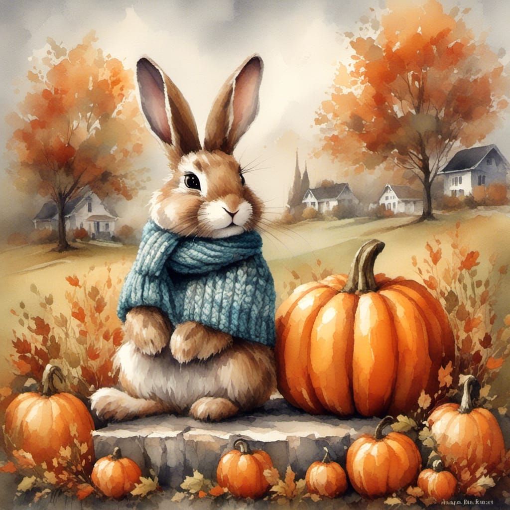 Whimsical Bunny in Fall Scene as Watercolor