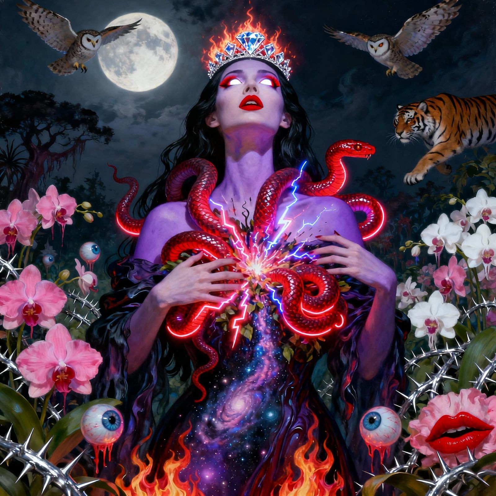Goddess of Night: Violet-Skinned Woman in Gothic Garden