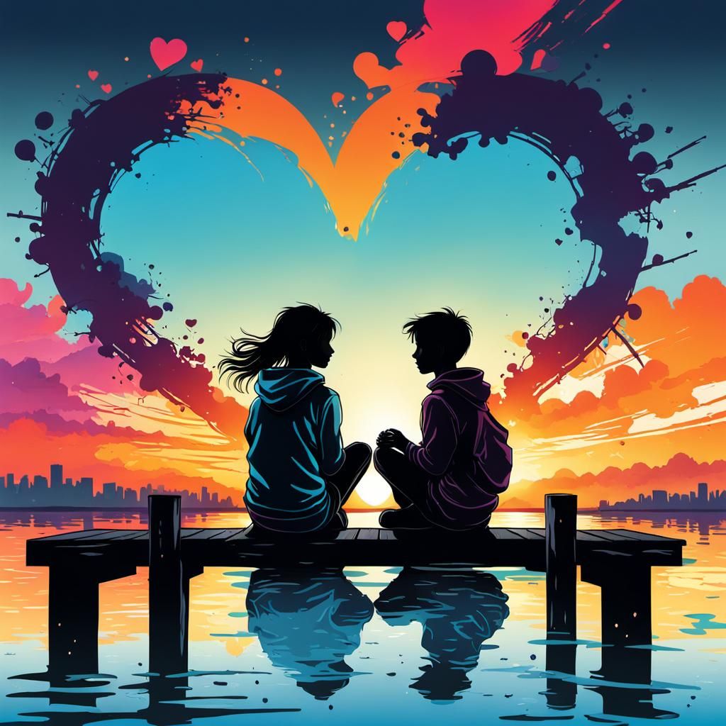 Romantic Sunset Silhouette Graffiti Art