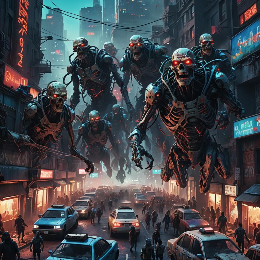 Cybernetic Zombie Horde Devouring Cars in Ruined City