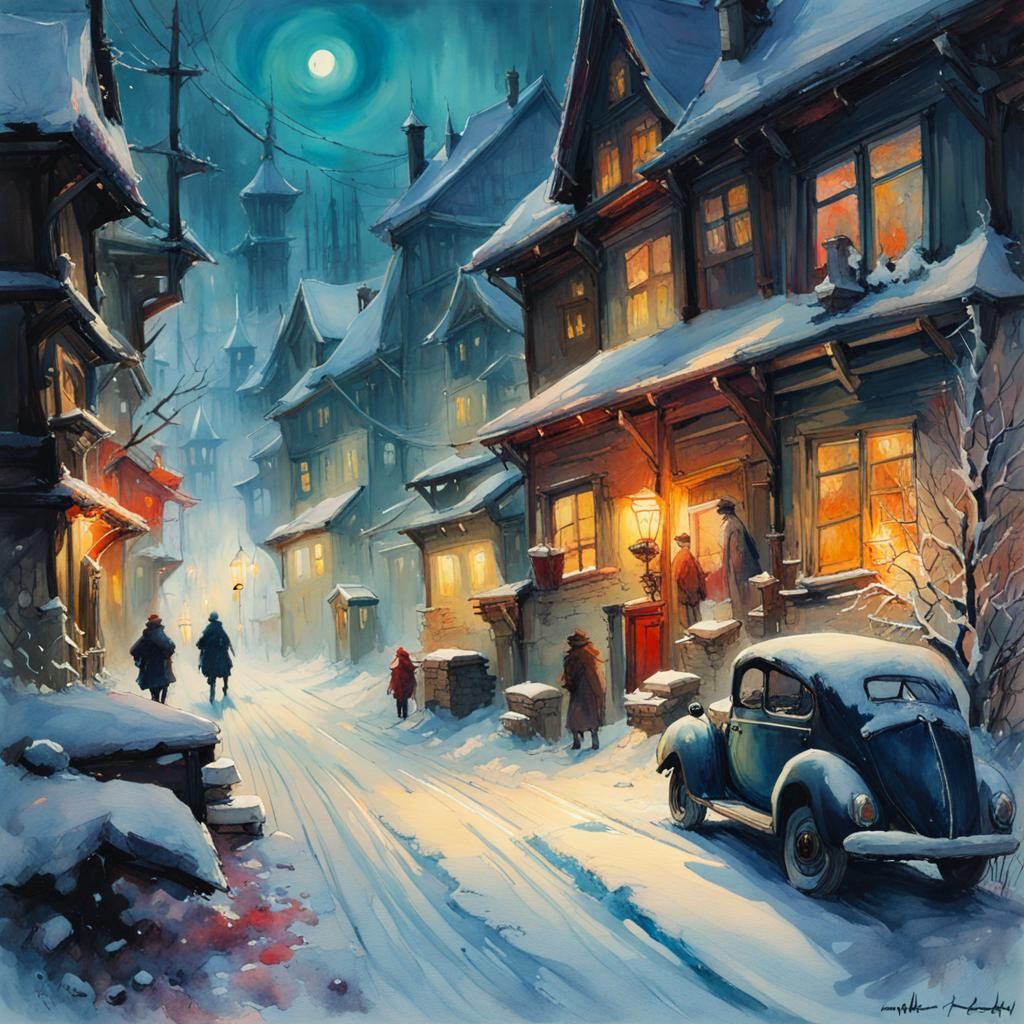 Dark Fantasy Winter in Watercolor Style