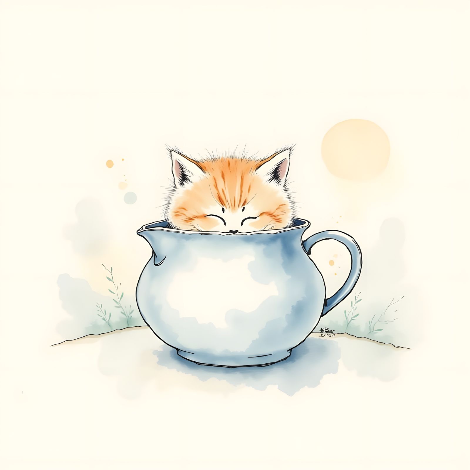 Fluffy Tabby Kitten Hiding in Teapot Line Drawing