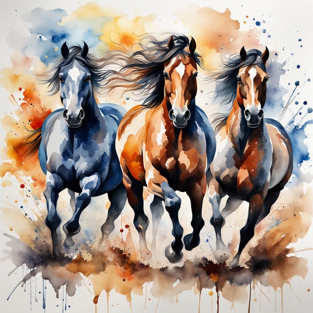 Majestic Horses Running: Watercolor Abstract Expressionism
