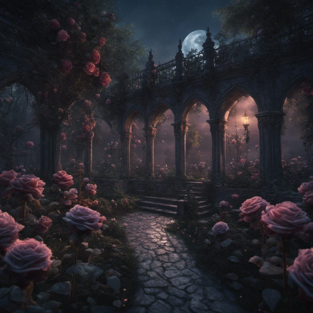 Gothic Garden of Black Roses in Moonlight