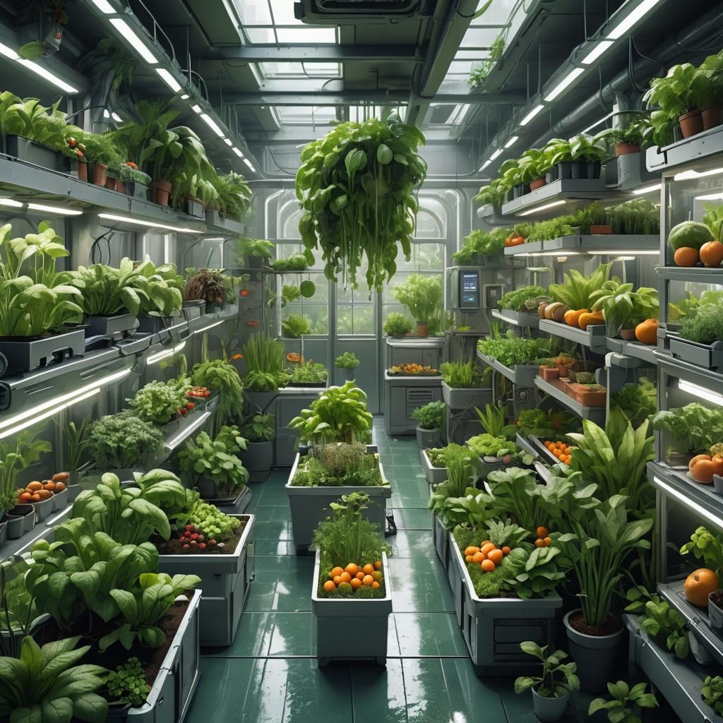Dystopian Biopunk Food Garden with Holographic Technology