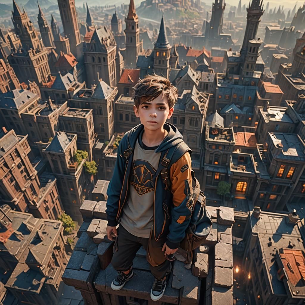 Boy on Building Top: Detailed Matte Painting