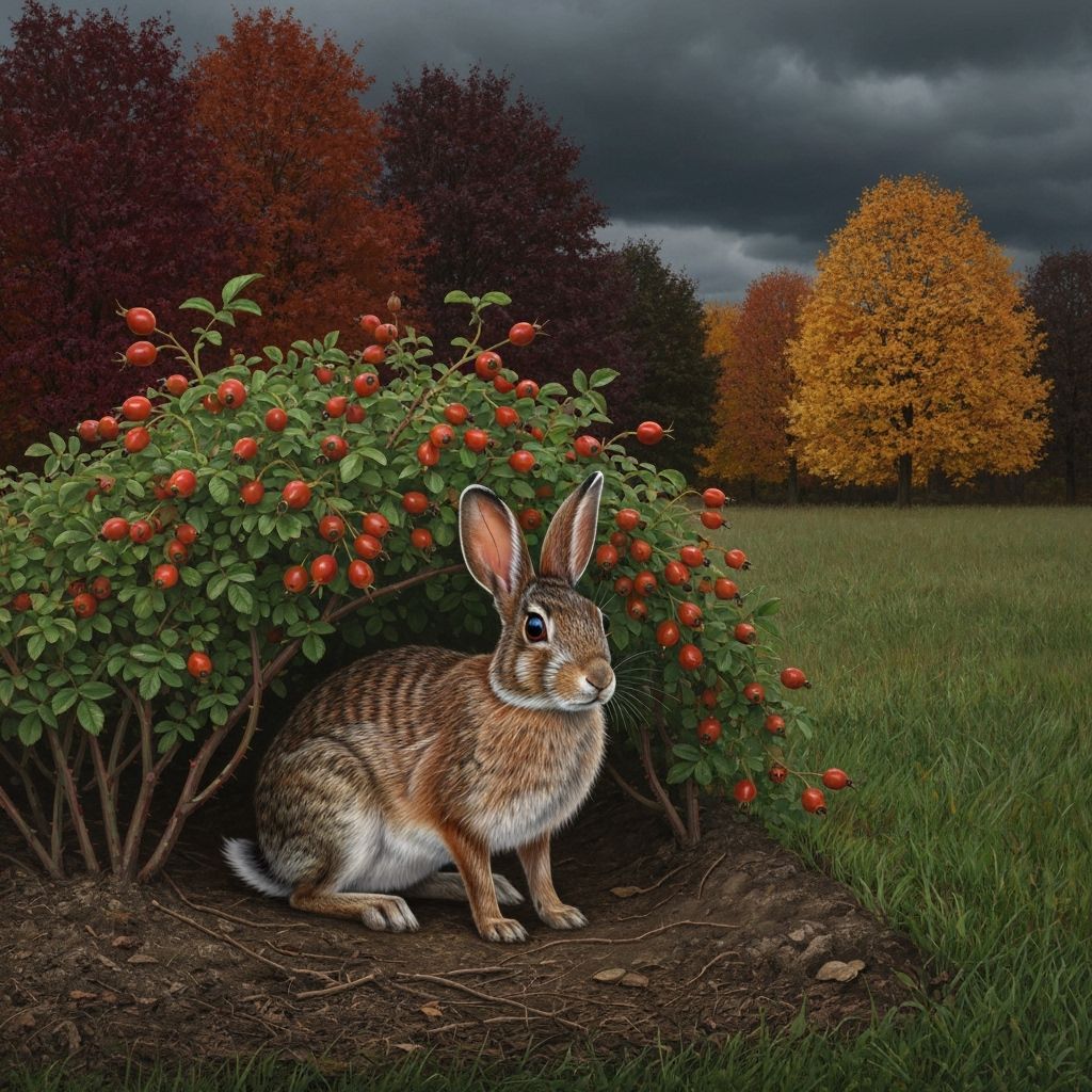 Cottontail Rabbit Prepares Den Under Rose Bush for Winter