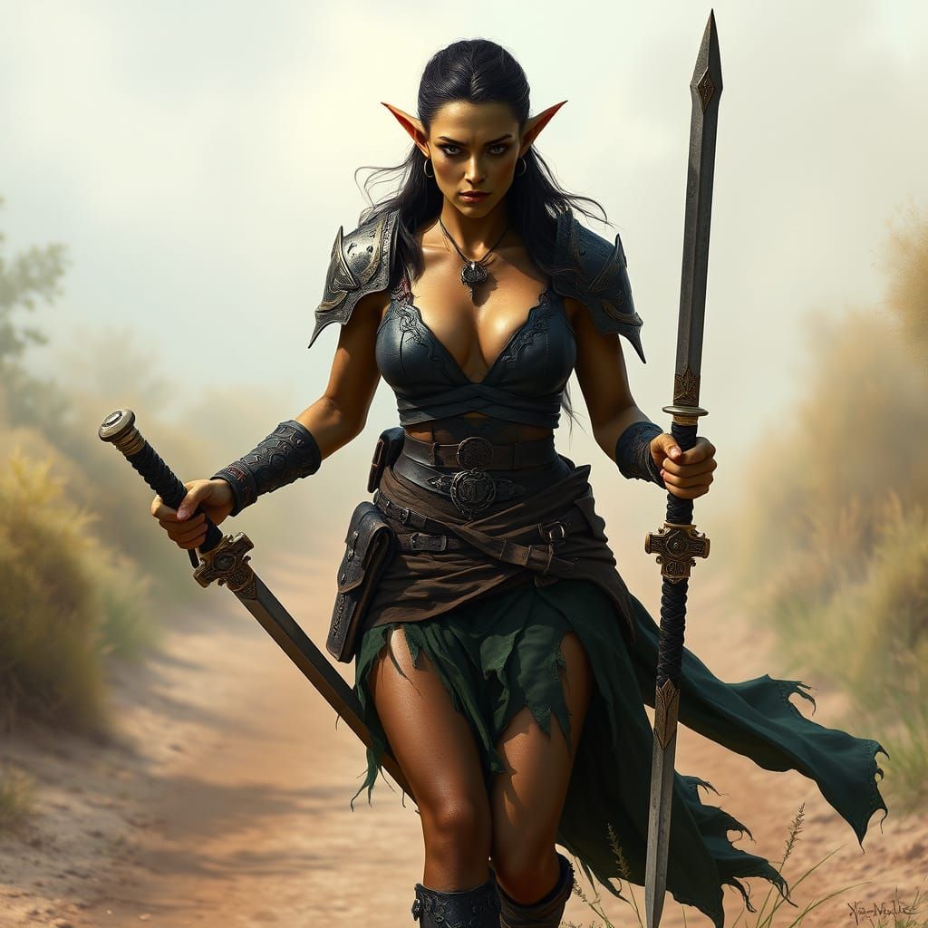 Olive-Skinned Warrior with Ornate Swords in Fantasy Art Styl...