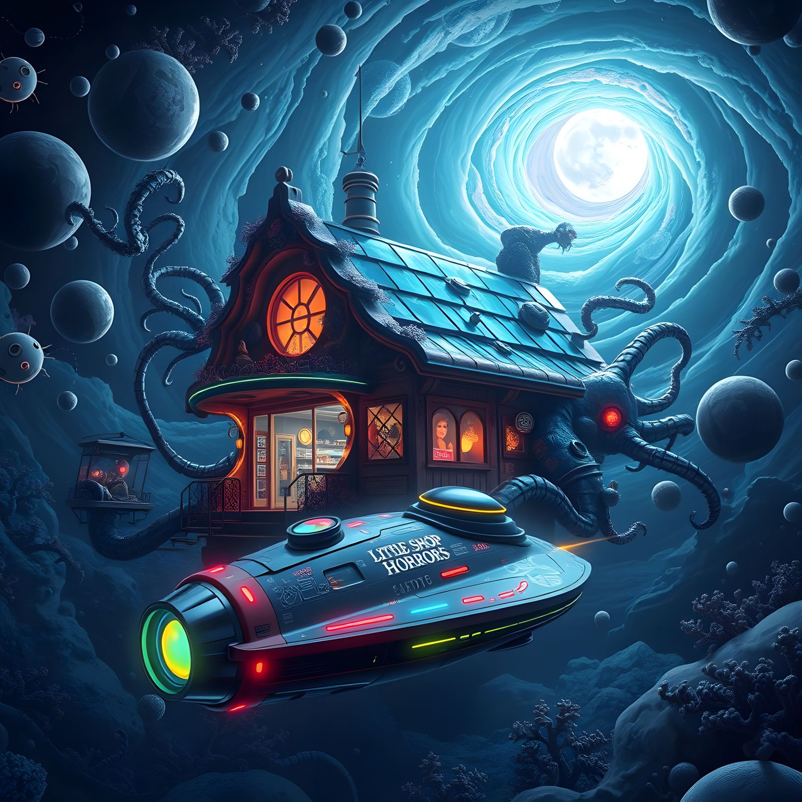 Surreal Deep Sea Spaceship Horror Shop in Anime Style