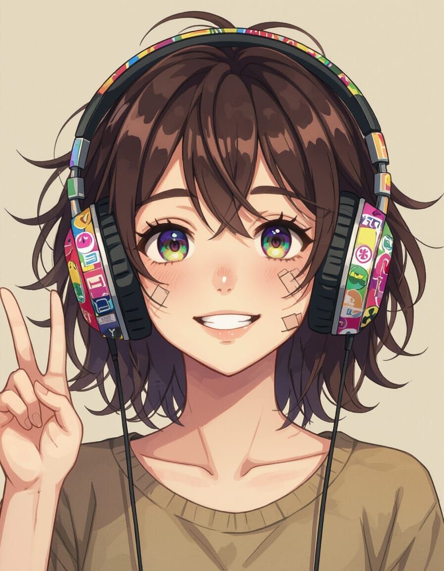 Anime Girl with Retro Headphones and Stickers