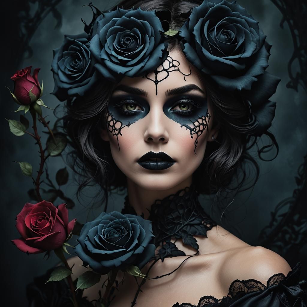 Gothic Woman Entwined with Black Rose