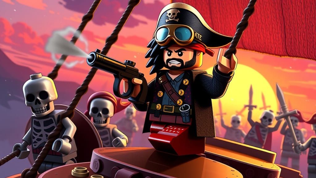 Pirate Mini Fig in Tattered Coat Swings from Pirate Ship Rig...