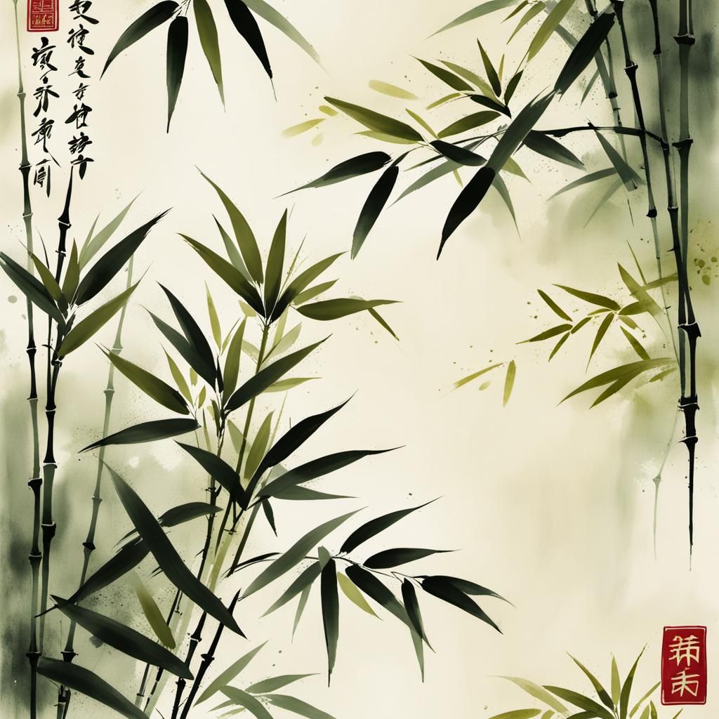Bamboo Blossoms in Muted Chinese Ink Painting