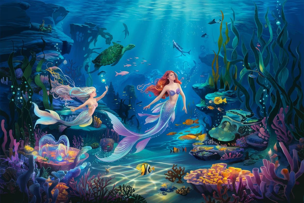 Underwater Kingdom with Mermaids and Bioluminescent Wonders
