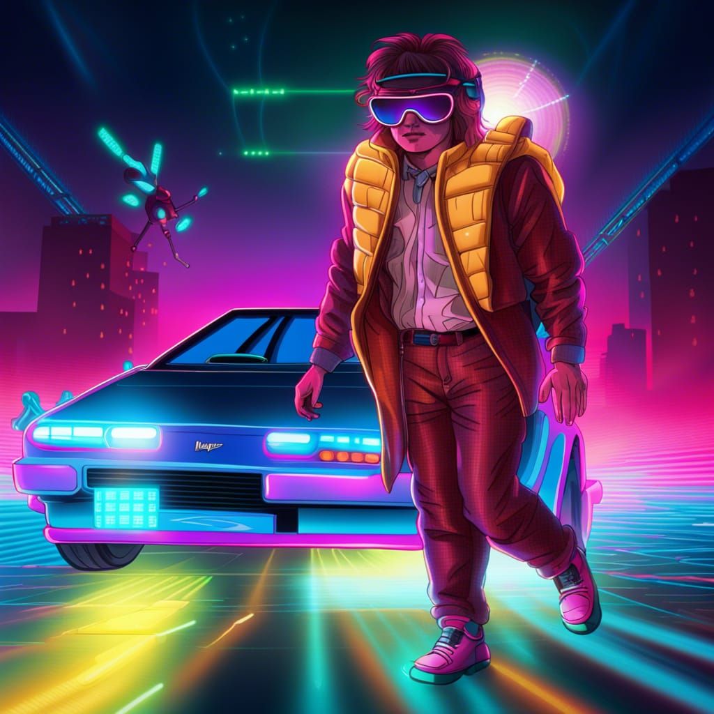 Synthwave DeLorean with Marty McFly Fly