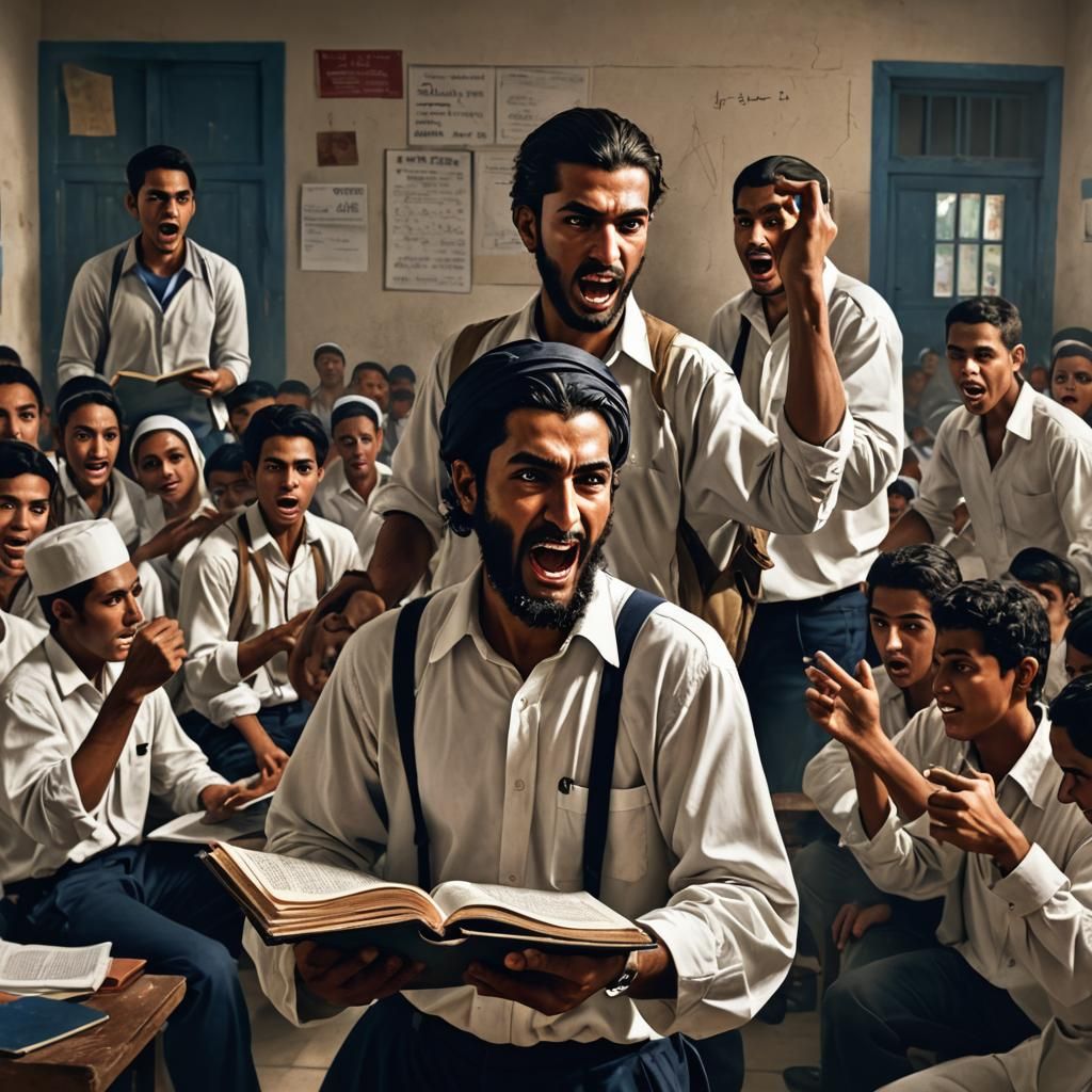 Enraged Al-Khwarizmi Whipping Students: Digital Art