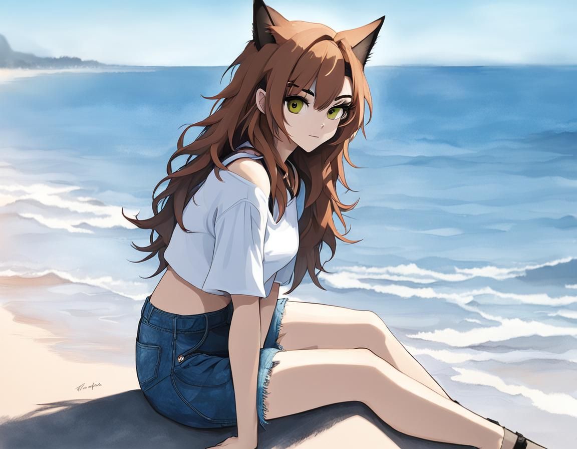Teenage Wolf Girl Sitting on a Beach