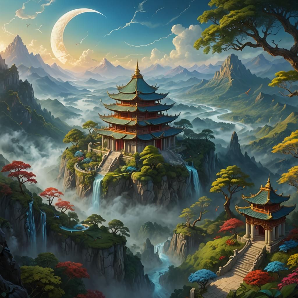 Lush Valley Temple with Dragon in Digital Painting