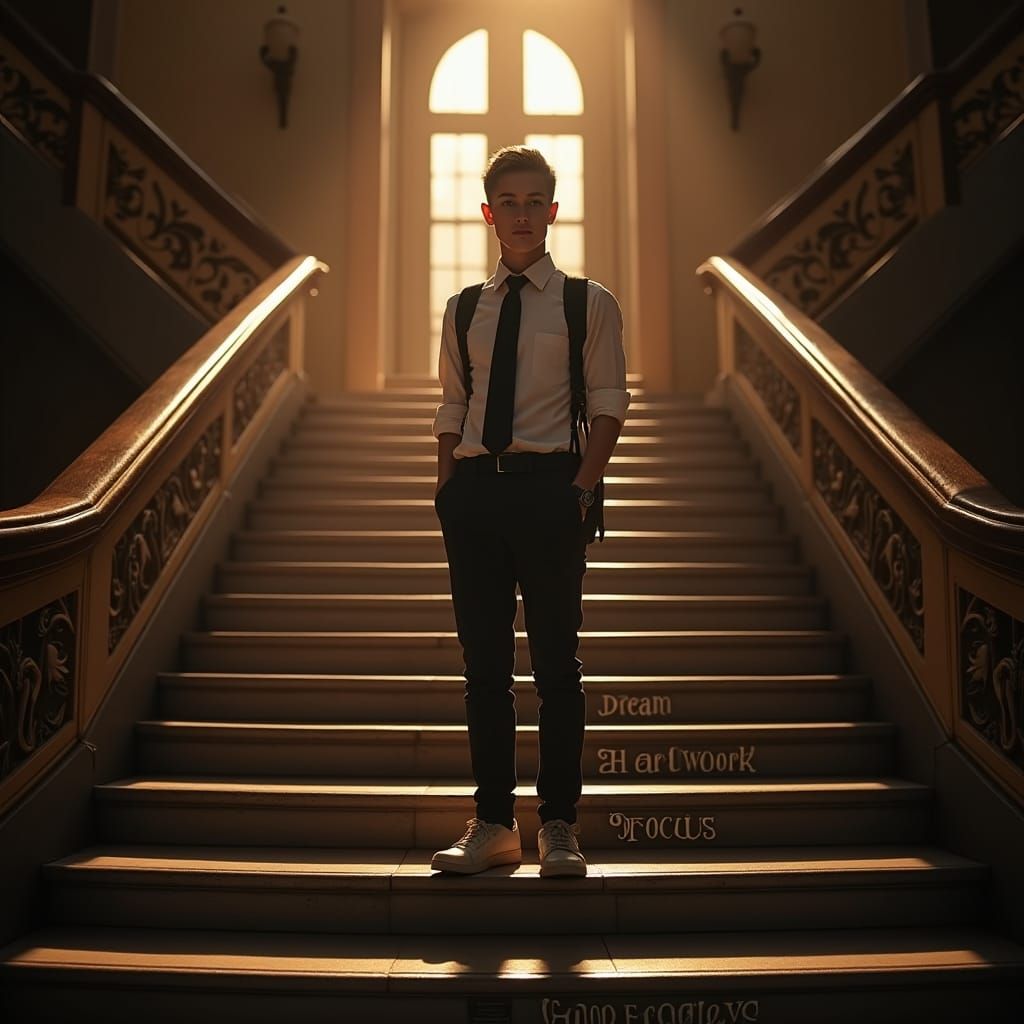 Student Ascending Steps of Success: Hyperrealistic Photo