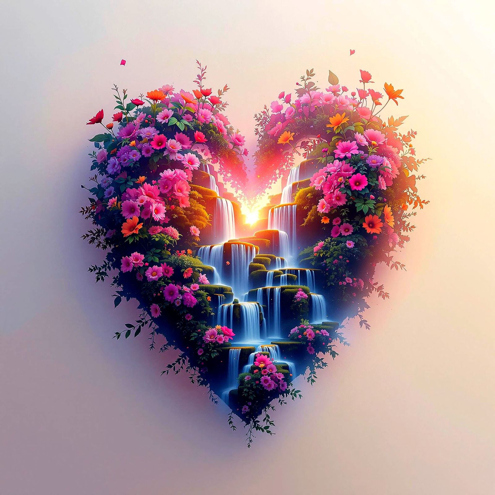 Photorealistic Heart with Waterfalls and Flowers