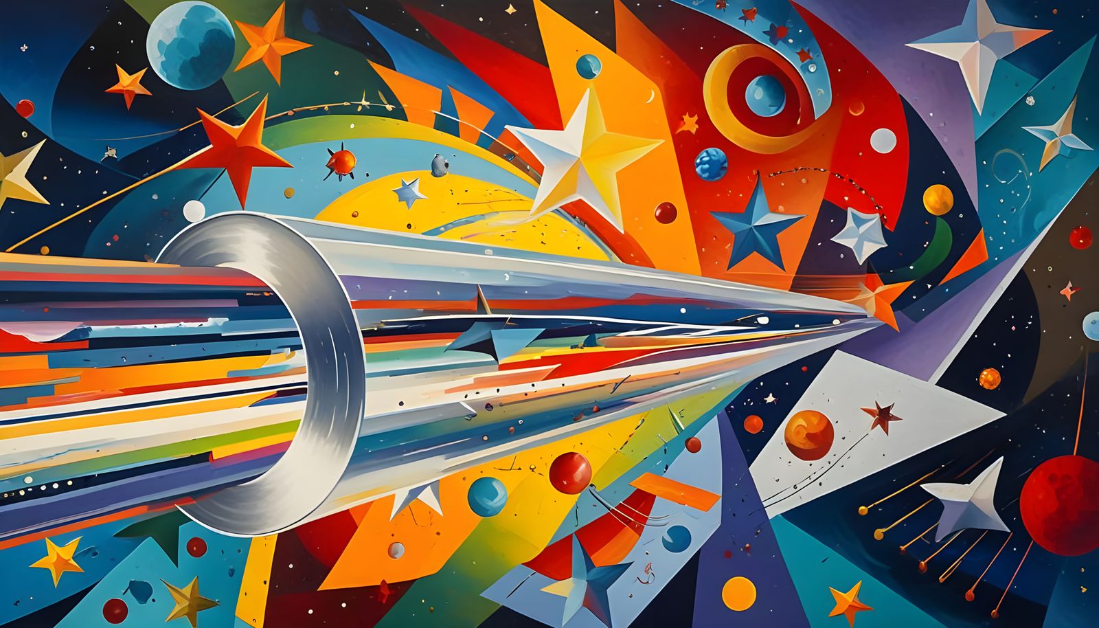 Metallic Cylinder Soaring Through Kandinsky Star Cosmos