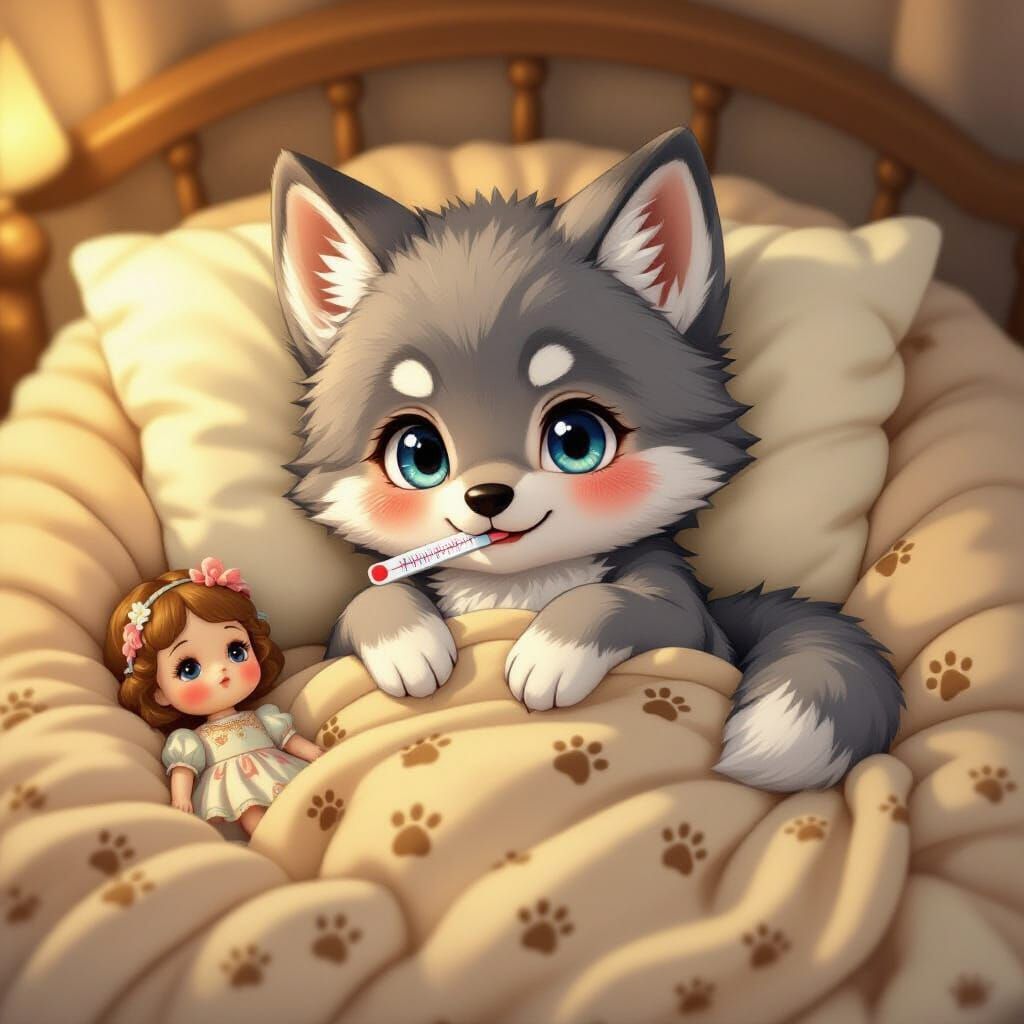 Charming Chibi Wolf Cub Comforted in Bed