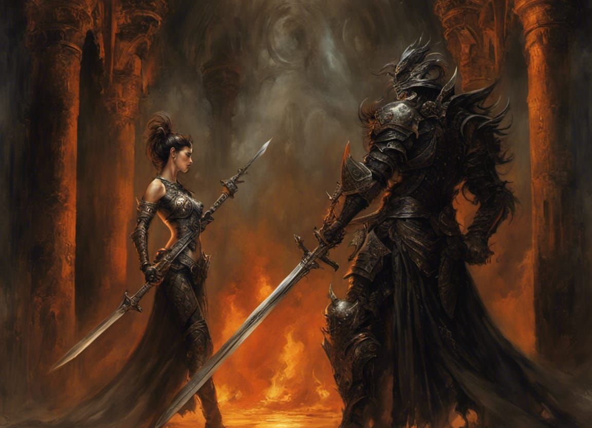 Armored Warriors Clash with Demon in Dark Fantasy Art