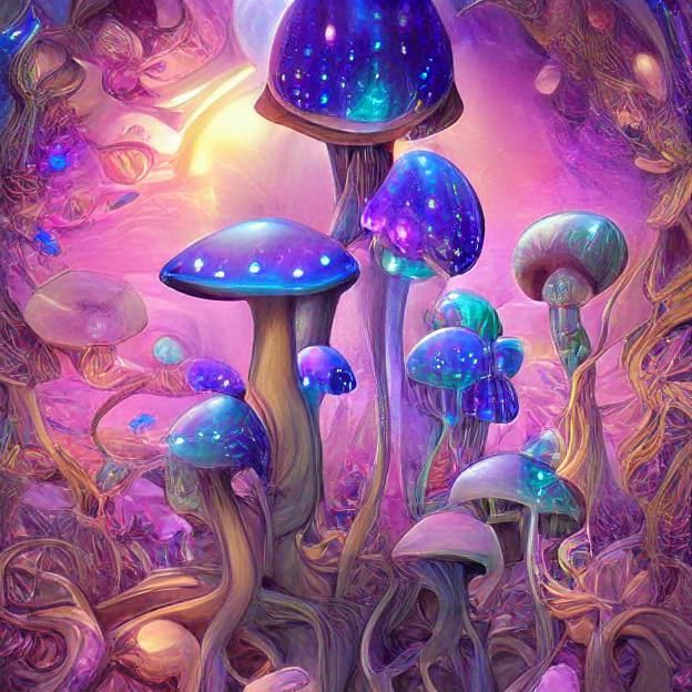 Psychedelic Glowing Mushrooms in Whimsical Sci-Fi Fantasy