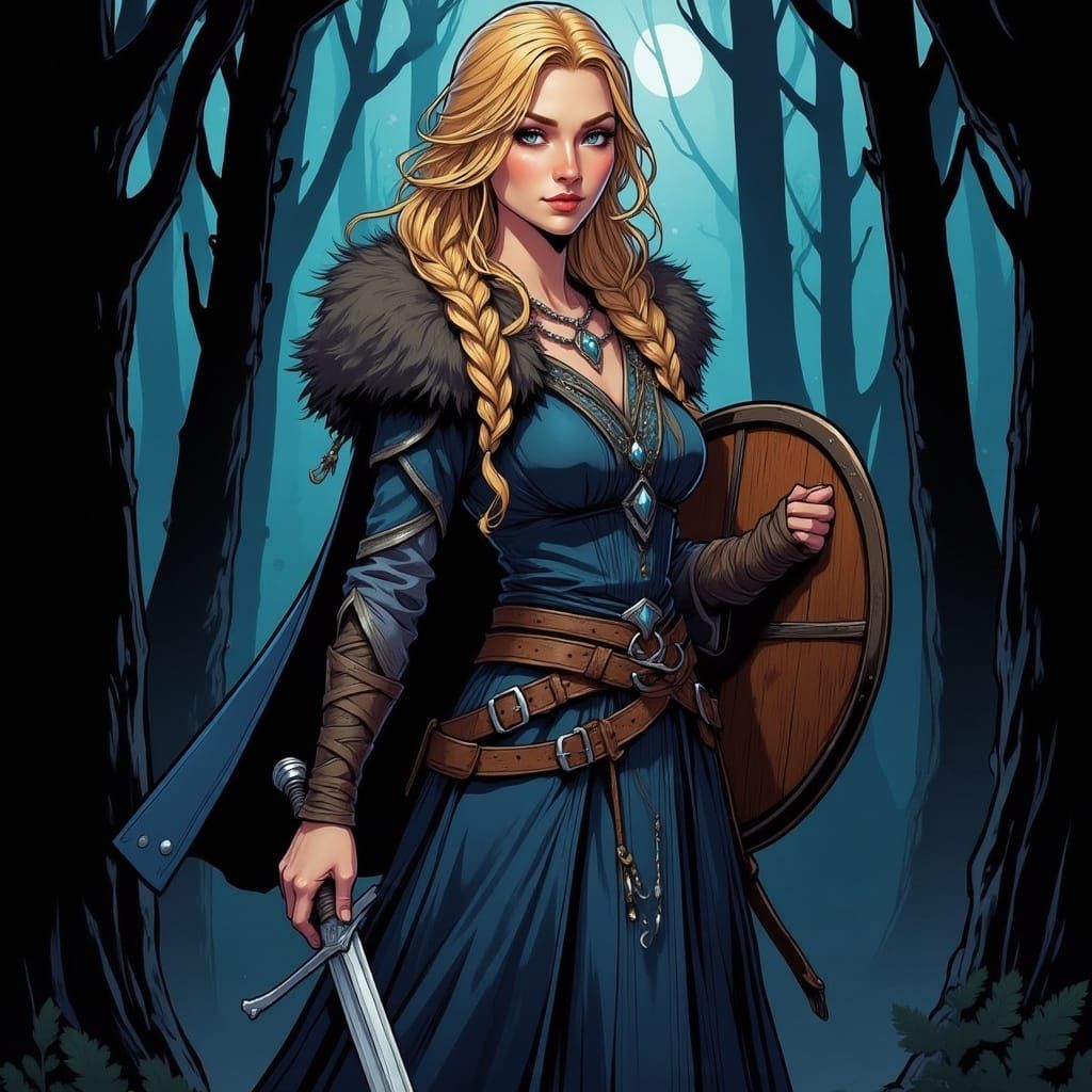 Viking Woman in Blue Gown with Sword and Shield